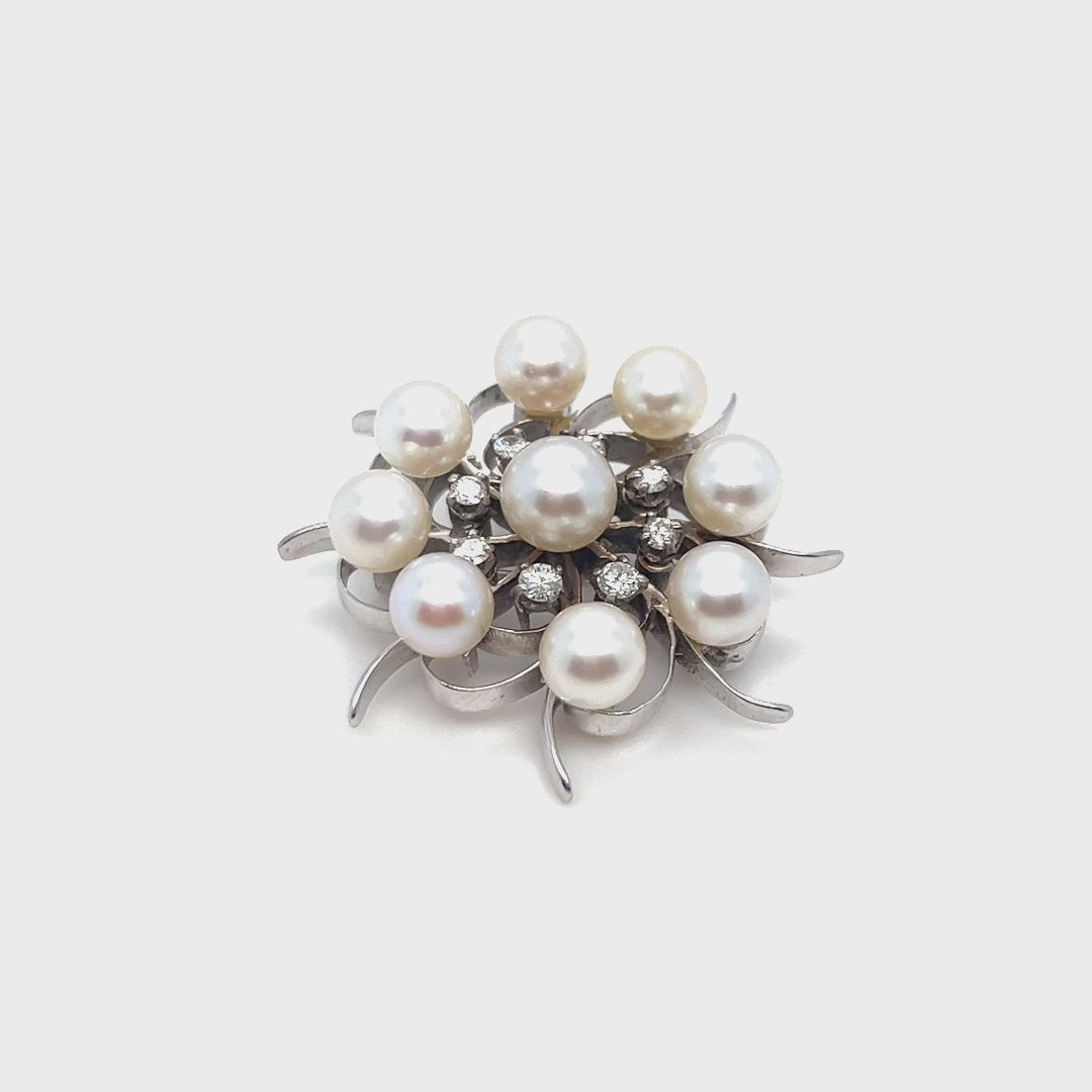 14K White Gold Circular Brooch with Diamonds & Cultured Pearls