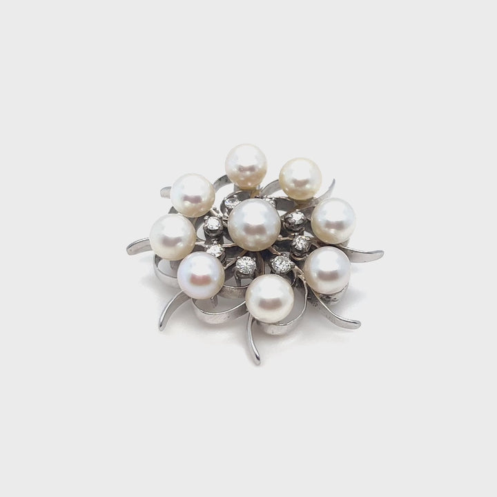 14K White Gold Circular Brooch with Diamonds & Cultured Pearls
