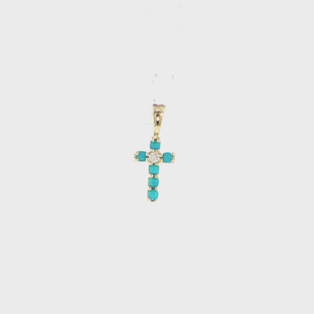 14K Yellow Gold Turquoise & Diamond Cross Pendant