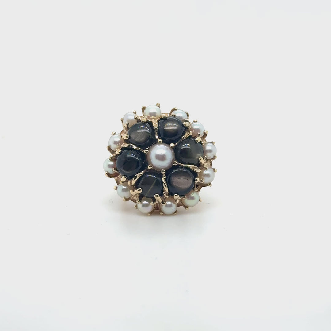 Floral Ring with Star Sapphires and Cultured Pearls