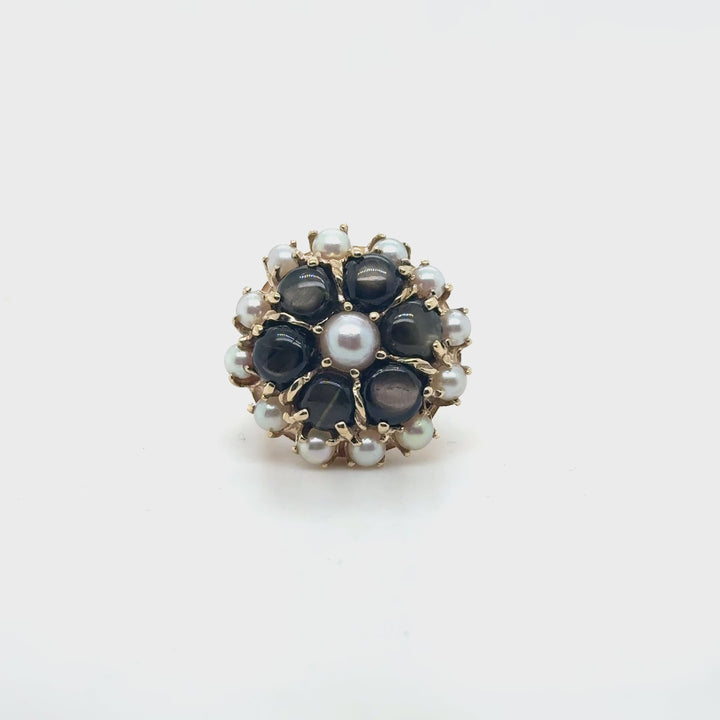 Floral Ring with Star Sapphires and Cultured Pearls