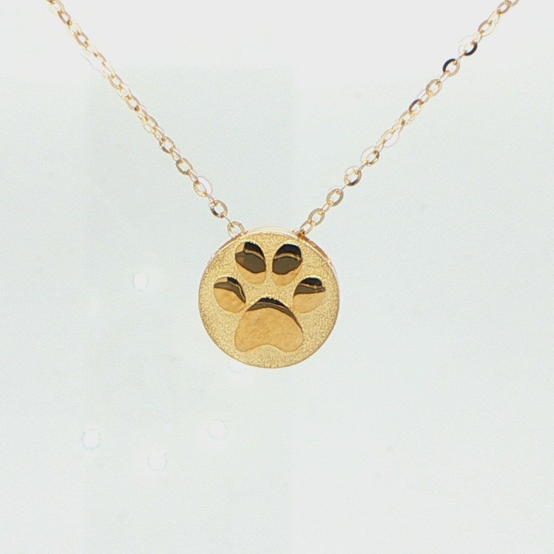 14K Yellow Gold Paw Print Circle Pendant Necklace