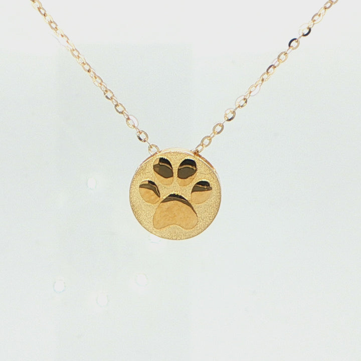 14K Yellow Gold Paw Print Circle Pendant Necklace