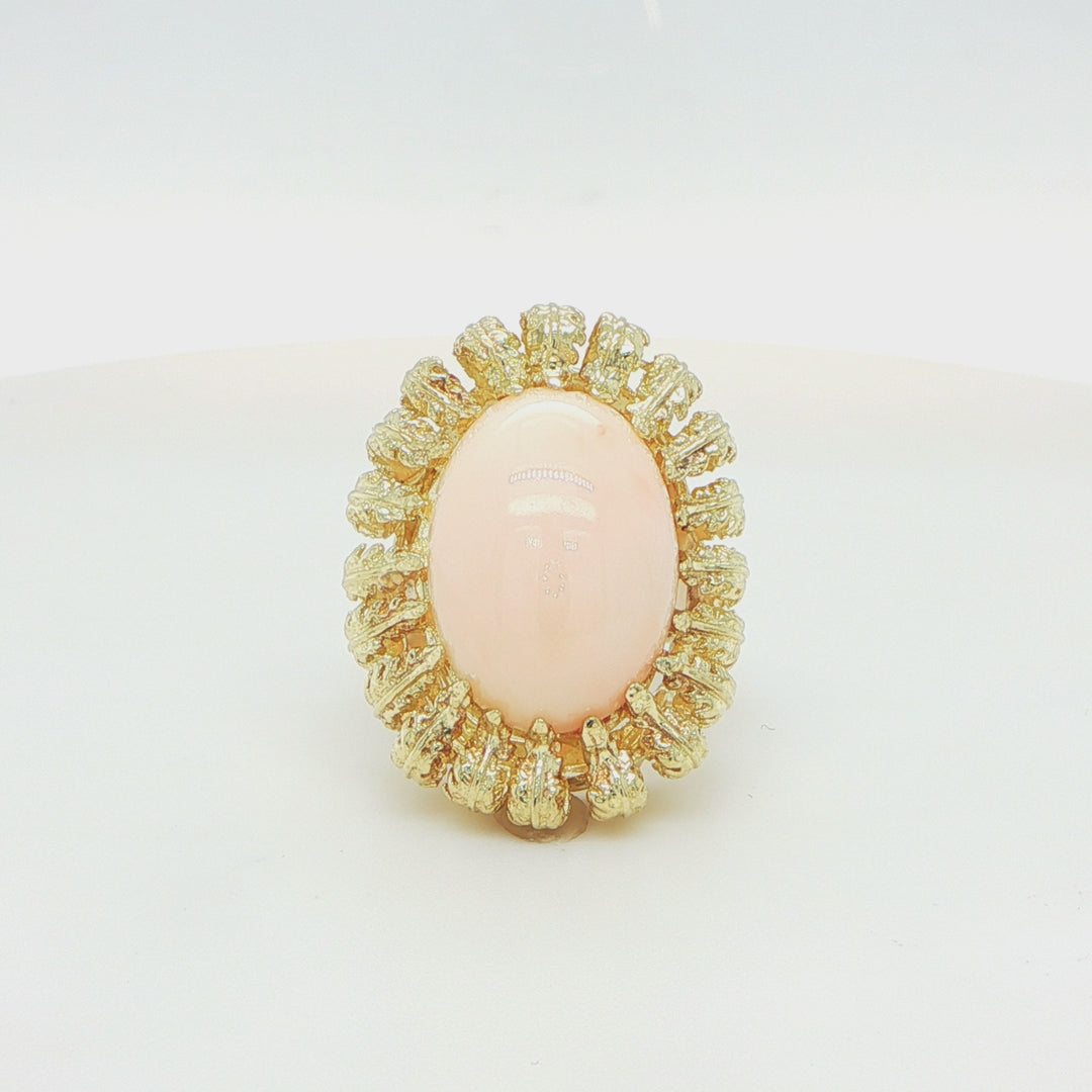 14K Yellow Gold Angel Skin Coral Cabochon Cocktail Ring