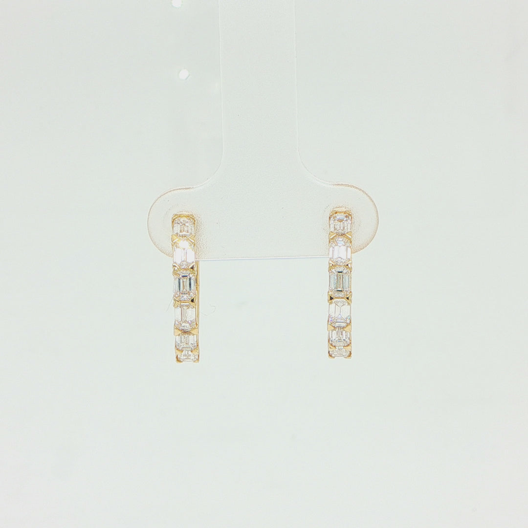 18K Yellow Gold Emerald Cut Diamond Huggie Hoop Earrings