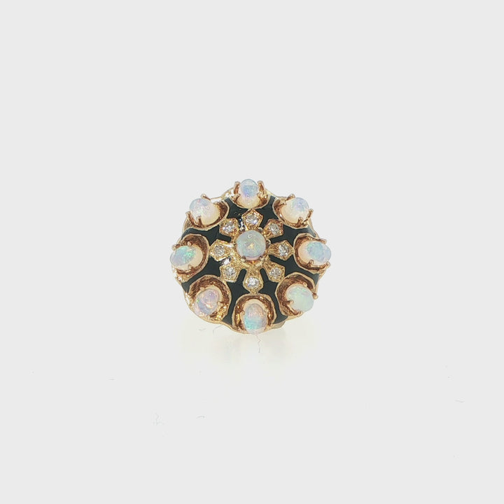Vintage 14K Yellow Gold Opal & Diamond Enamel Ring