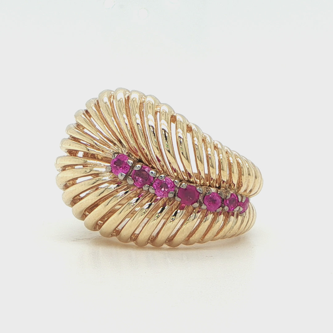 14K Yellow Gold Pink Sapphire Feather Ring