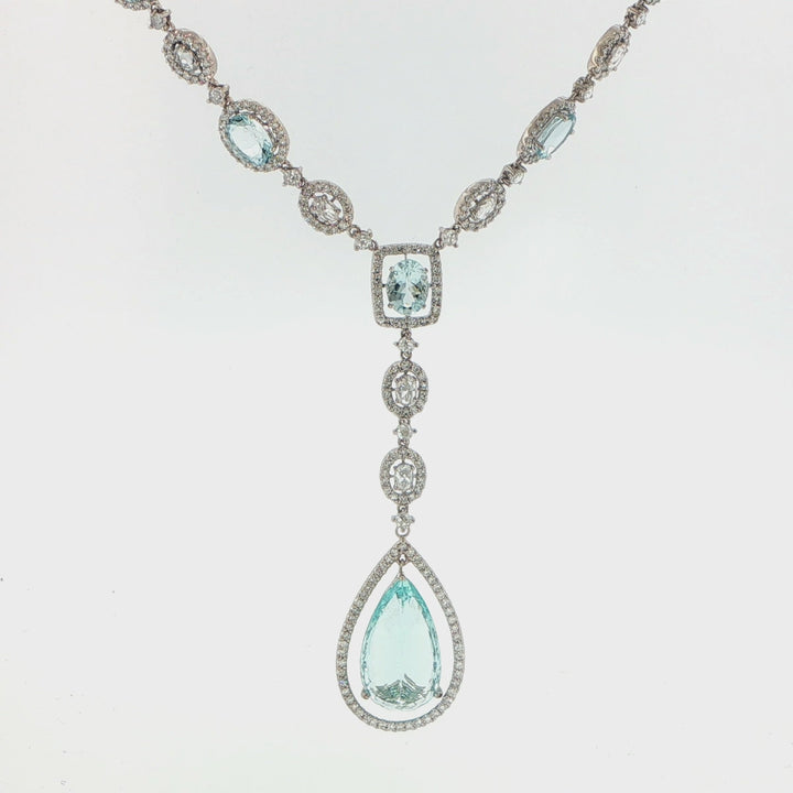 18K White Gold Aquamarine & Diamond Drop Necklace