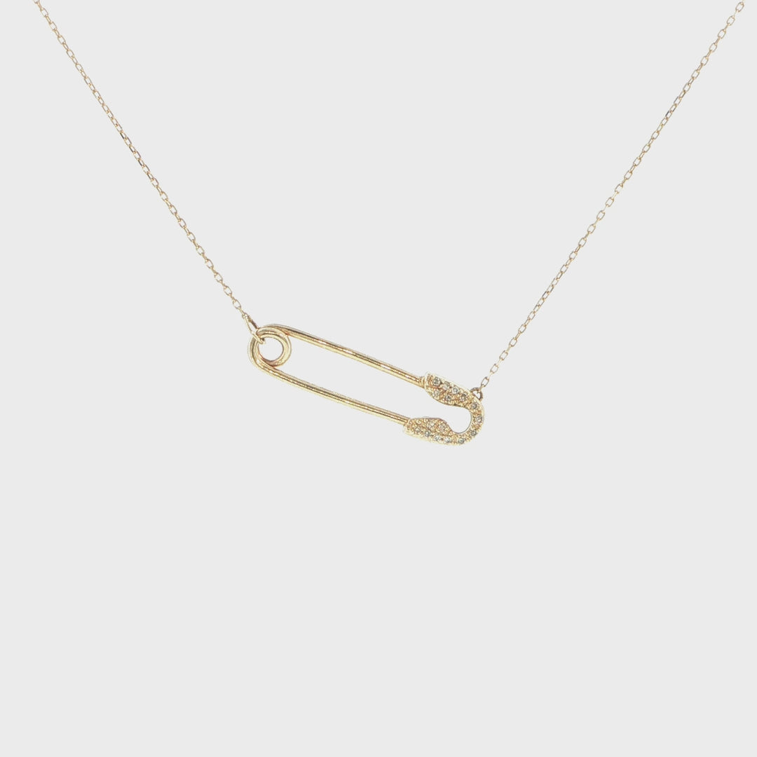 14K Yellow Gold Diamond Safety Pin Necklace
