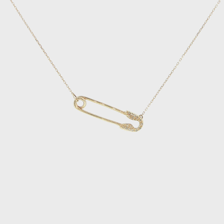 14K Yellow Gold Diamond Safety Pin Necklace