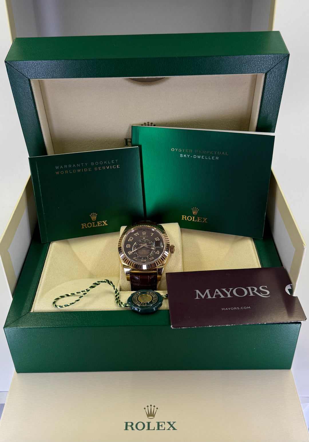 42mm Rolex Sky-Dweller 18K Rose Gold Fluted Bezel Chocolate Arabic Dial Brown Alligator