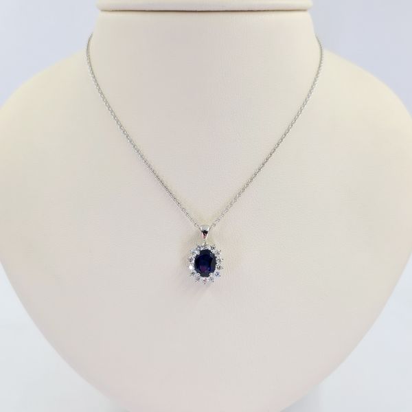 Sapphire and Diamond Halo Pendant Necklace