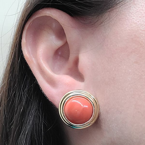 Cellino-Coral-cabochon-and-yellow-gold-stud-earrings