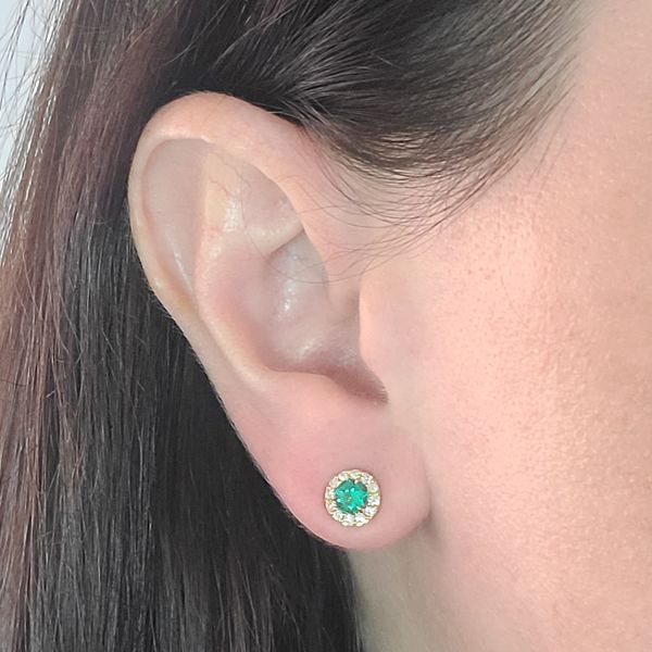 Emerald and Diamond Halo Stud Earrings